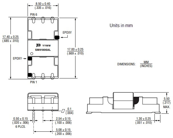 Mechanical Drawing - Bourns SM91806AL BMS Signal Transformer